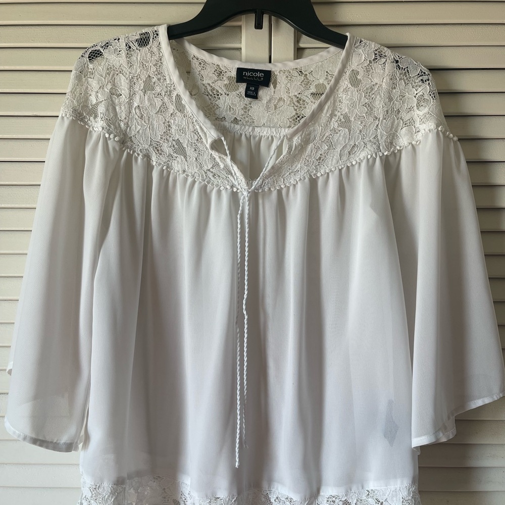 Nicole White Lace Yoke Tie-Neck Blouse